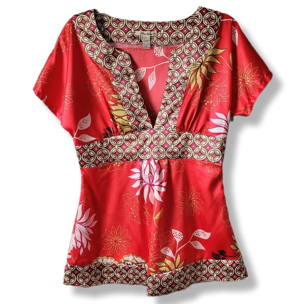 Y2K Women Red Floral Satin Asian Kimono Top M Babydoll Romantic Tattoo Twee VTG